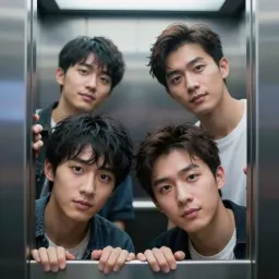 4 men in elevator, AI character on Erogen